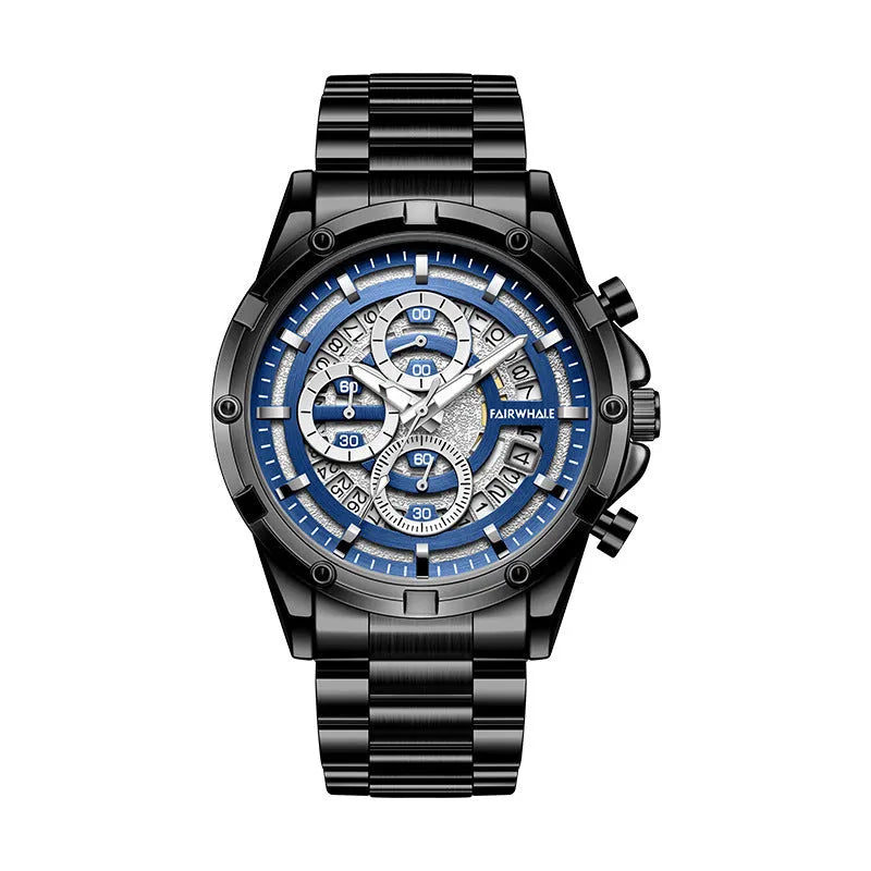 Men's waterproof quartz watch with luminous hands and stainless steel band in three colour variations.