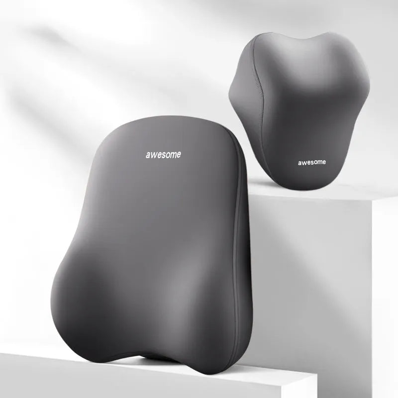 Automotive memory foam headrest and lumbar support pillows in black, gray, and beige colour options