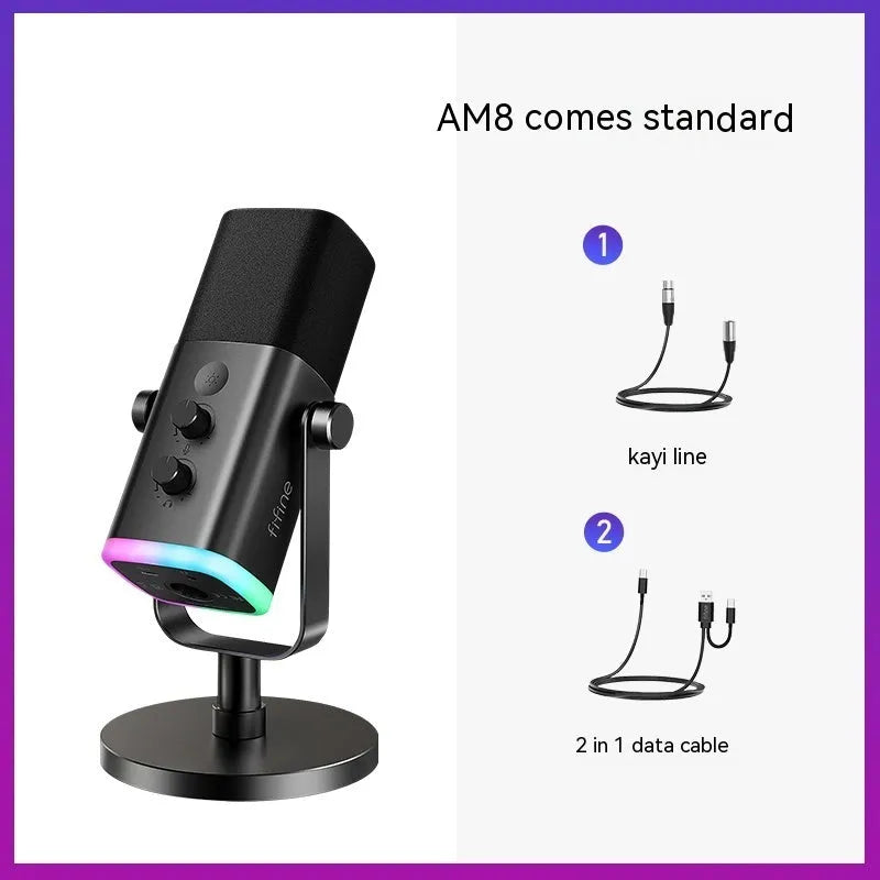 Dynamic noise reduction microphone in black, pink, or white colour with matching cable and base.