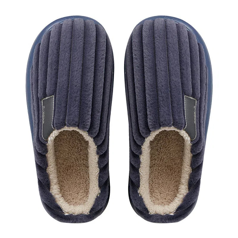 Warm plus-size men's slippers with plush upper, striped pattern, coffee brown colour