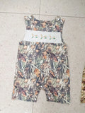 Infant toddler sleeveless duck embroidered romper in cotton knitted fabric, long sleeves, two colour options, front view.