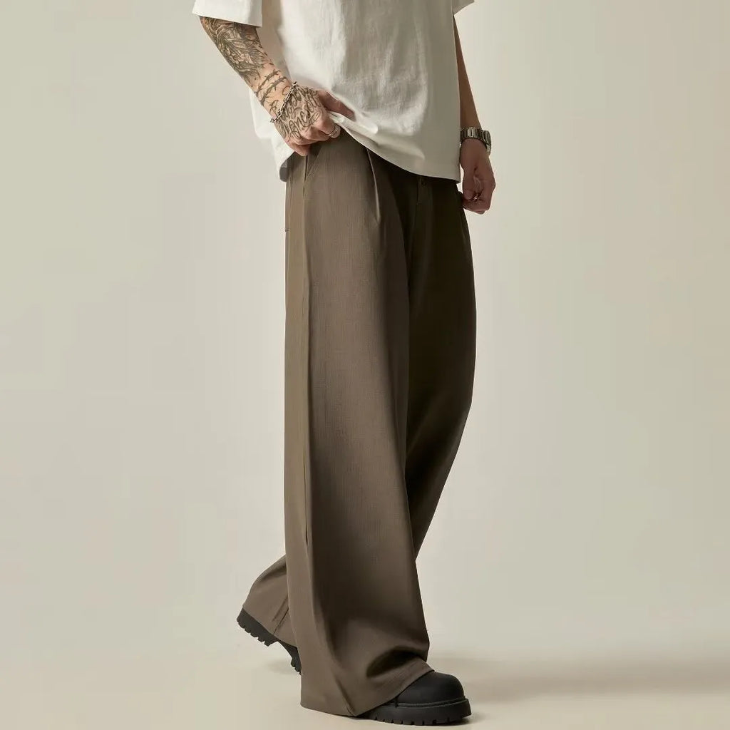 Men's solid colour vertical tube wide-leg casual trousers in black or brown with a mid waist