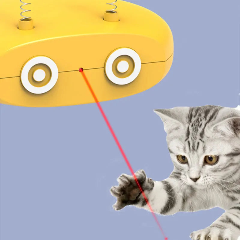 USB rechargeable electric laser cat toy with detachable feather wand in blue, grey, or yellow.