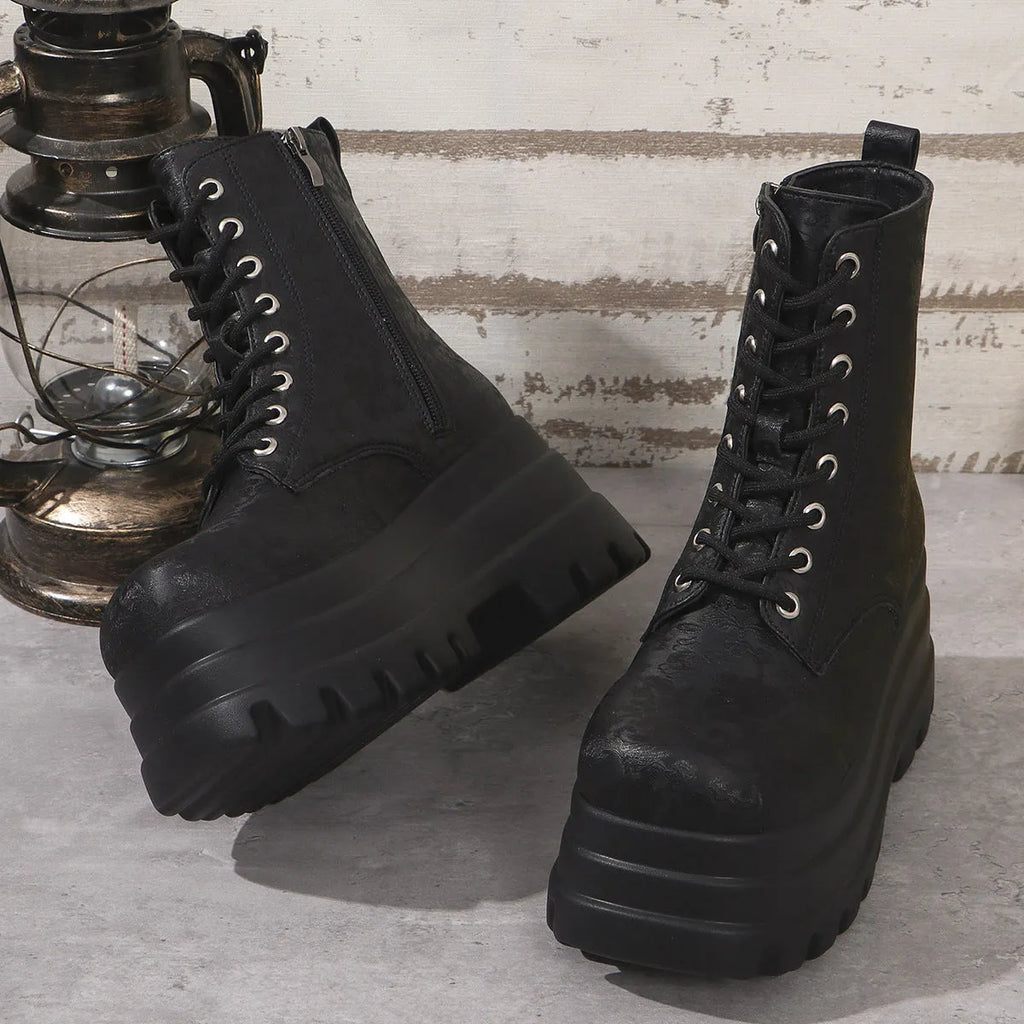White women's retro mid-calf platform boots with a chunky heel and side zipper.