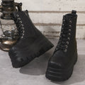 White women's retro mid-calf platform boots with a chunky heel and side zipper.