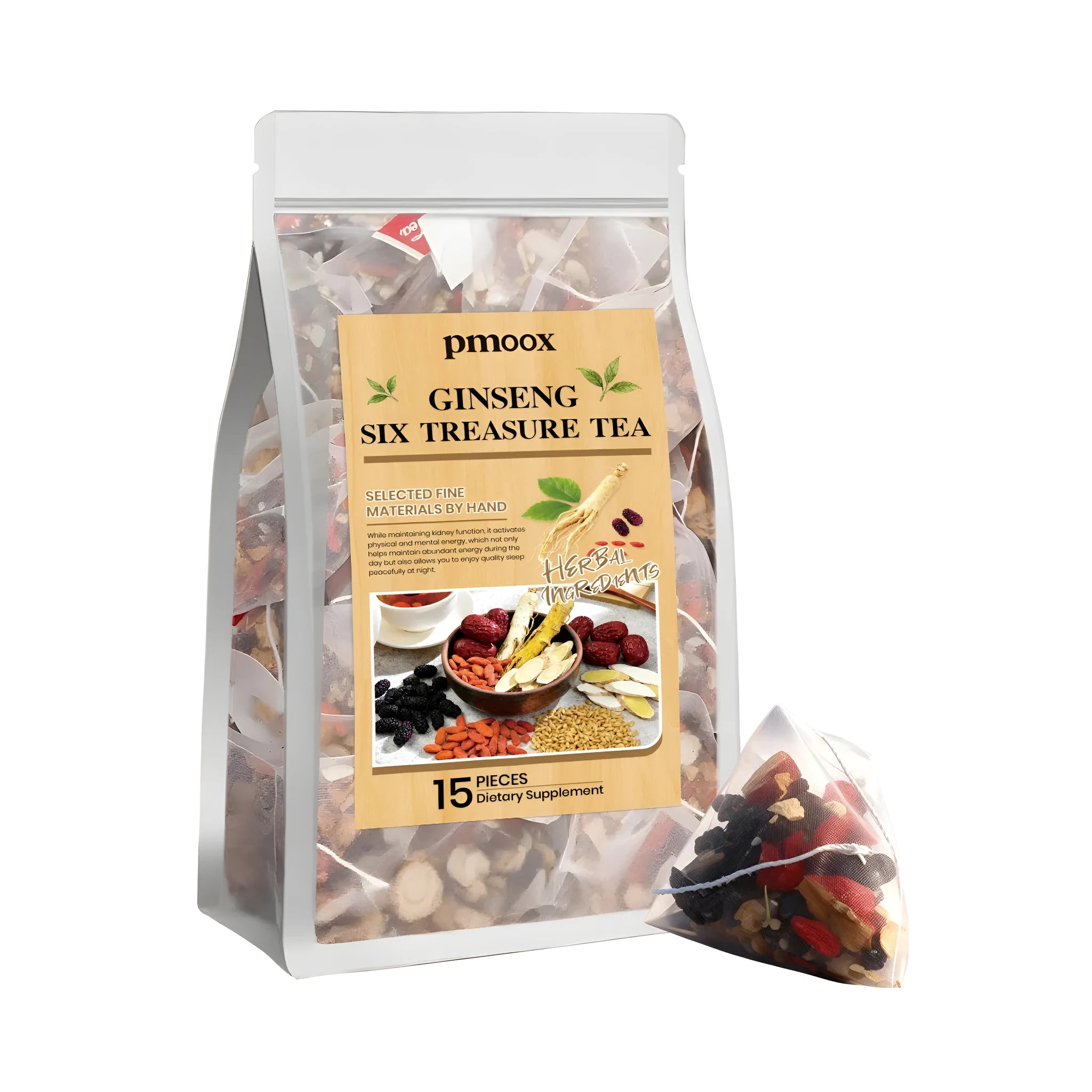 Ginseng Six Treasure Tea pack of 15 tea bags with six herbal ingredients including ginseng, mulberry, and goji berry