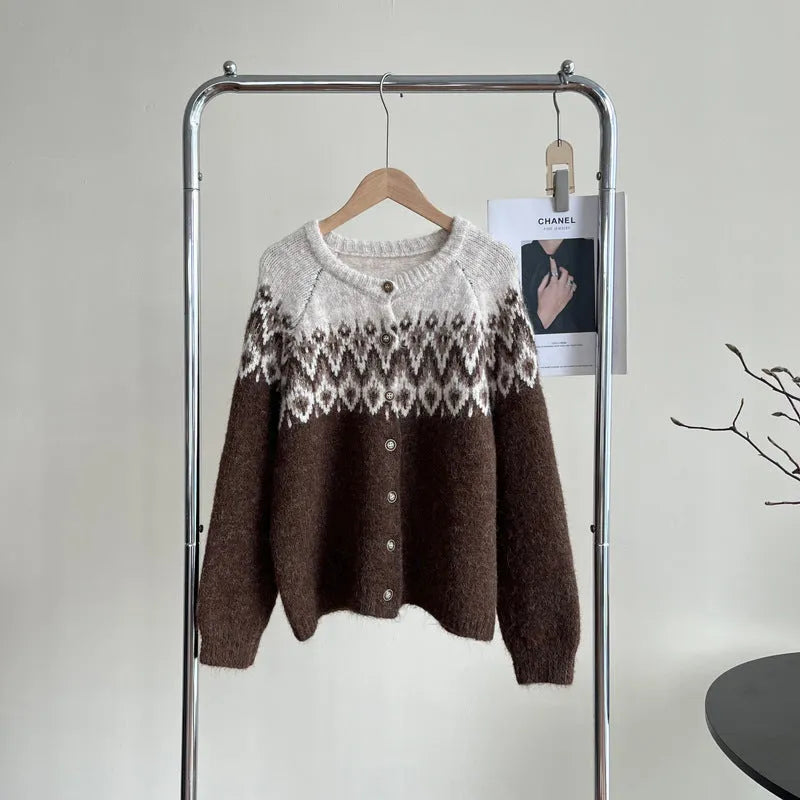 Women's loose-fit jacquard sweater coat in a contrast colour pattern, shown in milky white.