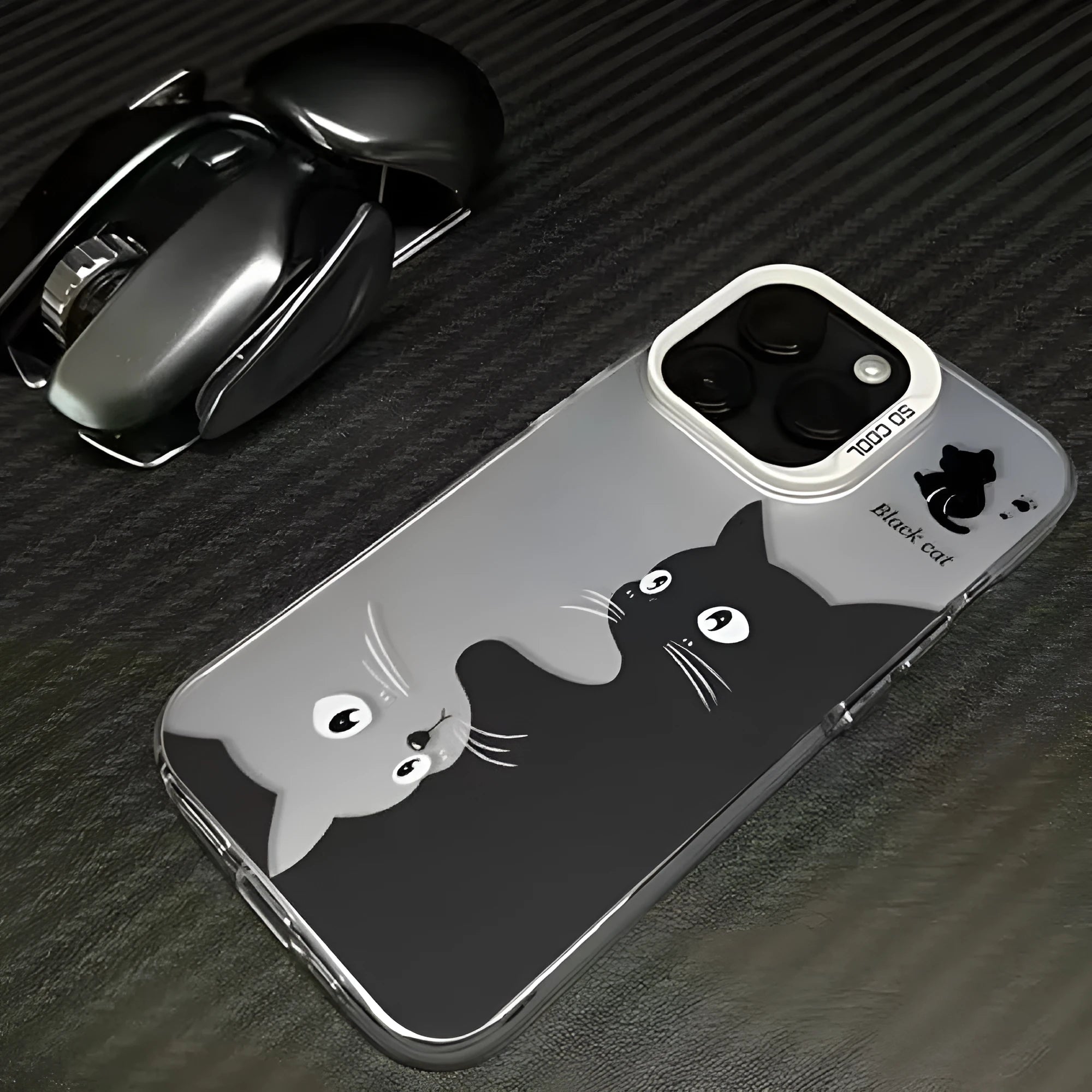 Cute art black cat hard shell PC phone case for Apple iPhone in black, pink, green, white colours