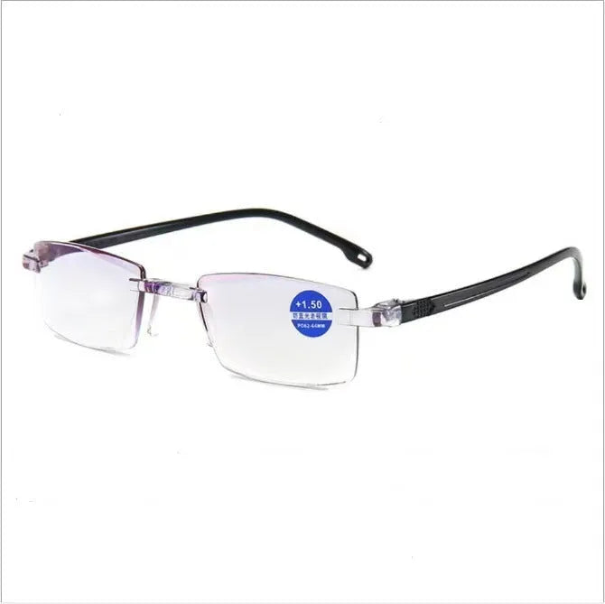 Frameless anti-blue light presbyopic glasses for elderly with diamond trimming, black frame transparent lens option