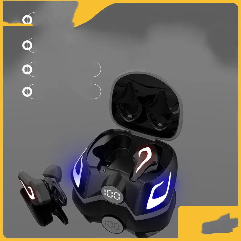 Black and grey in-ear Bluetooth gaming headset with silicone tips on a dark background.