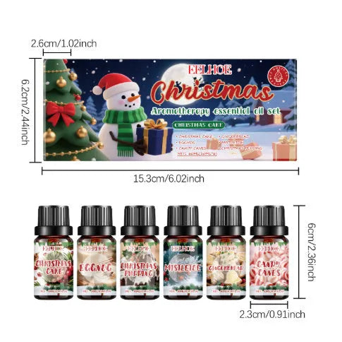 Christmas aromatherapy oil set showing six bottles including 60ml and 10ml sizes for festive home fragrance