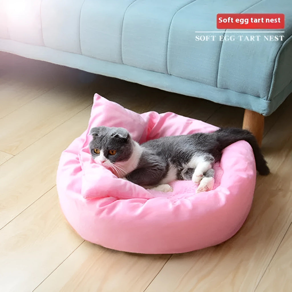 Circular dog bed with PP cotton filling in light grey colour showing measured diameter and optional pillow