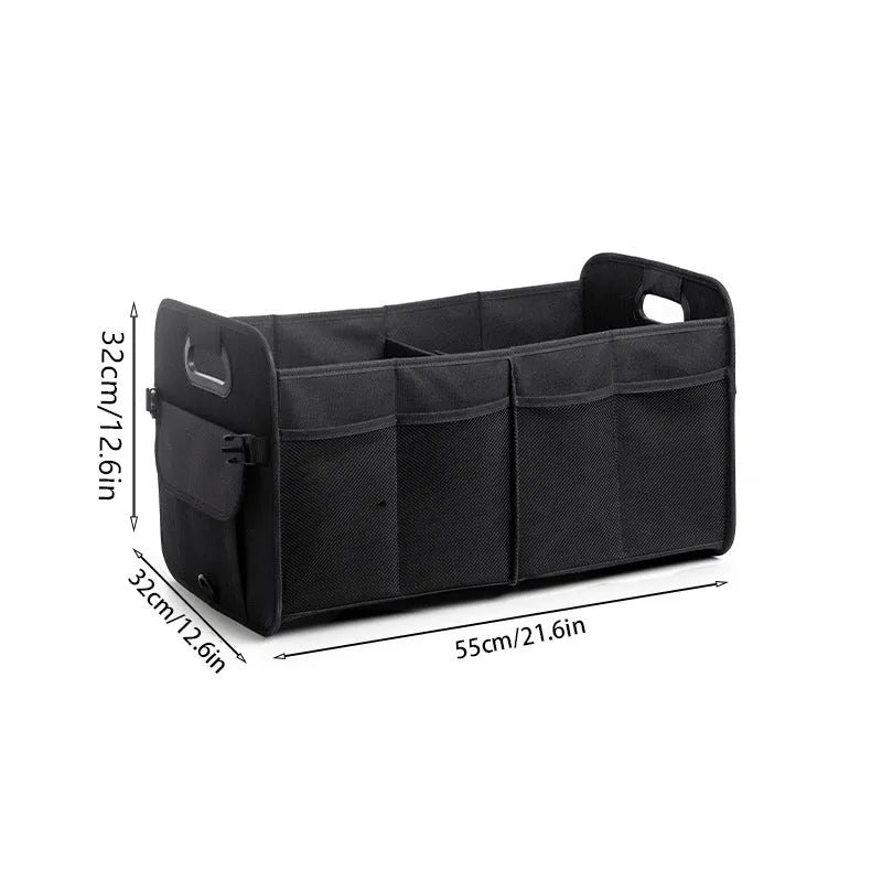 Foldable black car boot storage box with compartments and carry handle showing 56x32x32 cm dimensions