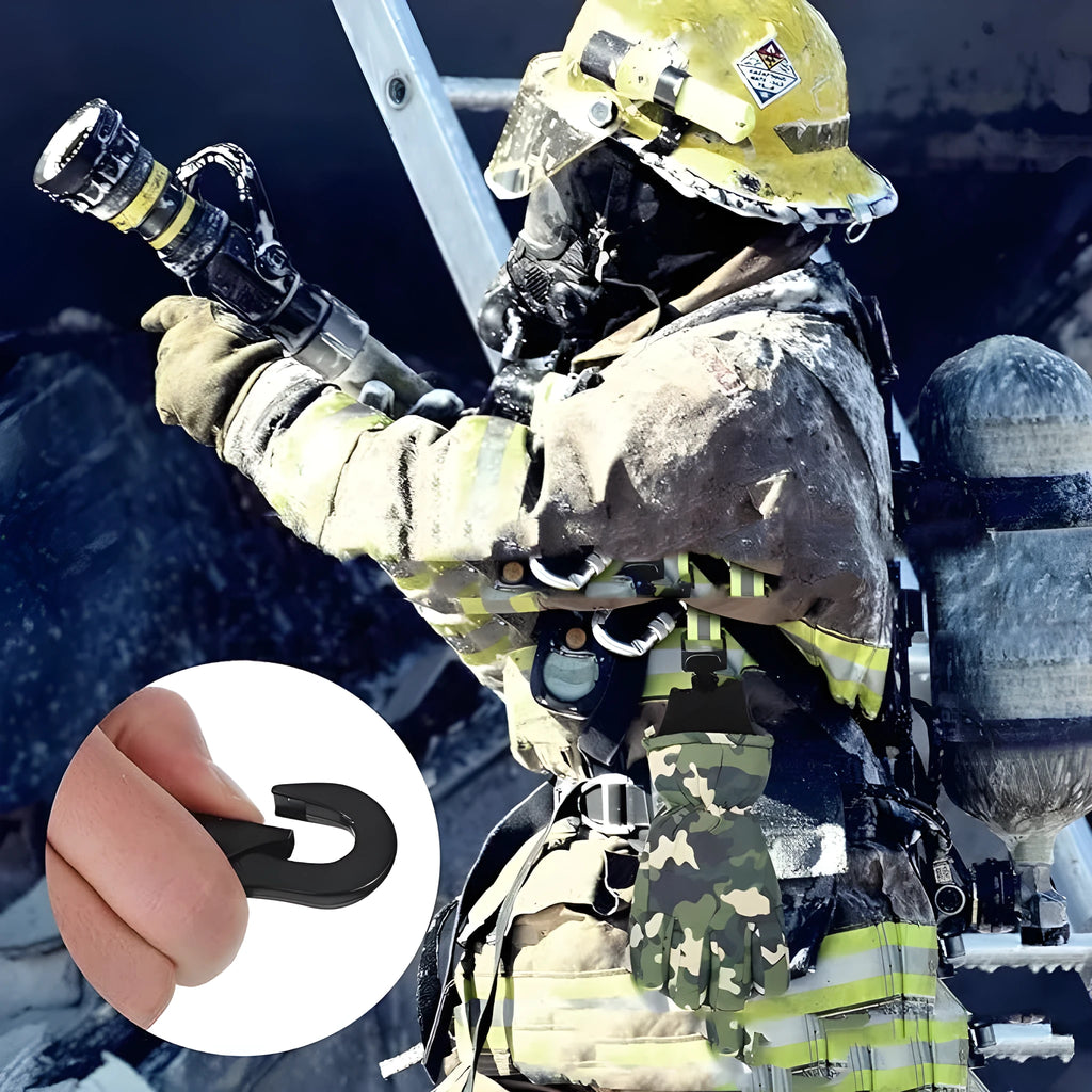 Fluorescent green metal buckle safety clamp for attaching work gloves to a belt.