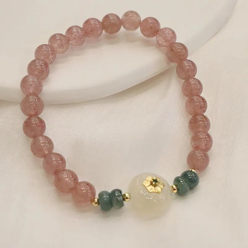Women's strawberry quartz blue water emerald jade bracelet with geometric design and Ruyi peace buckle closure