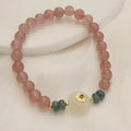 Women's strawberry quartz blue water emerald jade bracelet with geometric design and Ruyi peace buckle closure