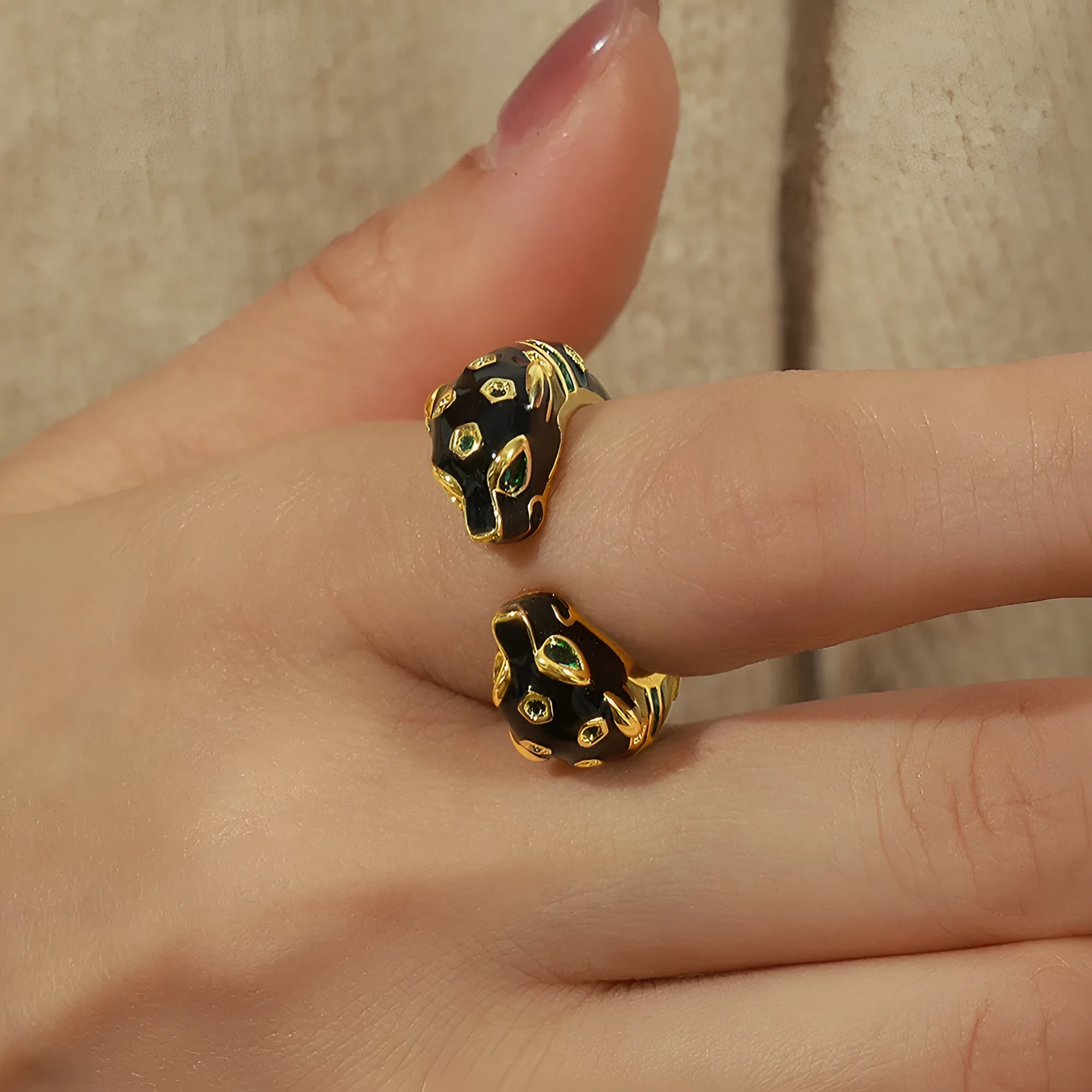 Women's black cheetah open geometric ring made from copper in size 7.