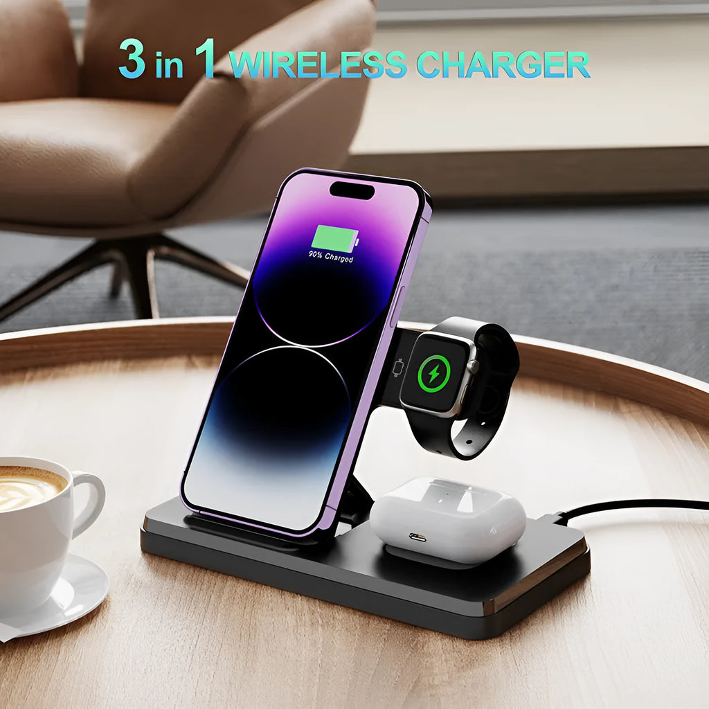 Folding bracket three-in-one wireless charger in black charging an iPhone, Apple Watch, and AirPods on a desk