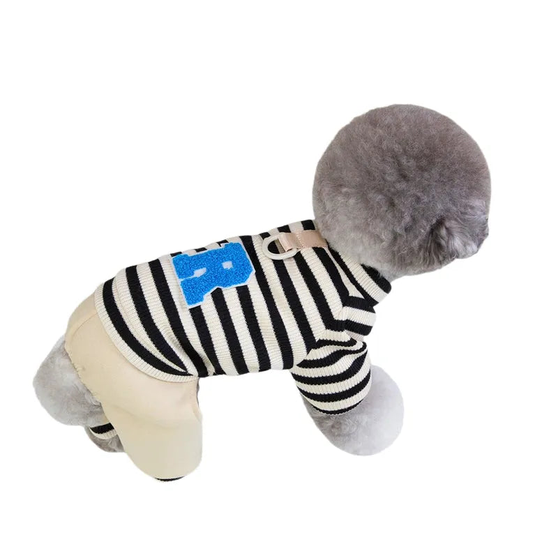 Small medium dog wearing striped four-legged hoodie jumpsuit in black beige colour for autumn winter
