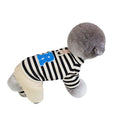 Small medium dog wearing striped four-legged hoodie jumpsuit in black beige colour for autumn winter