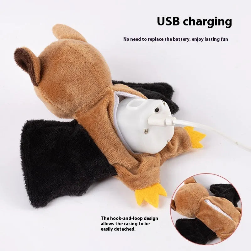 Rechargeable cat plush toy with swing wings in Halloween bat style on a light background