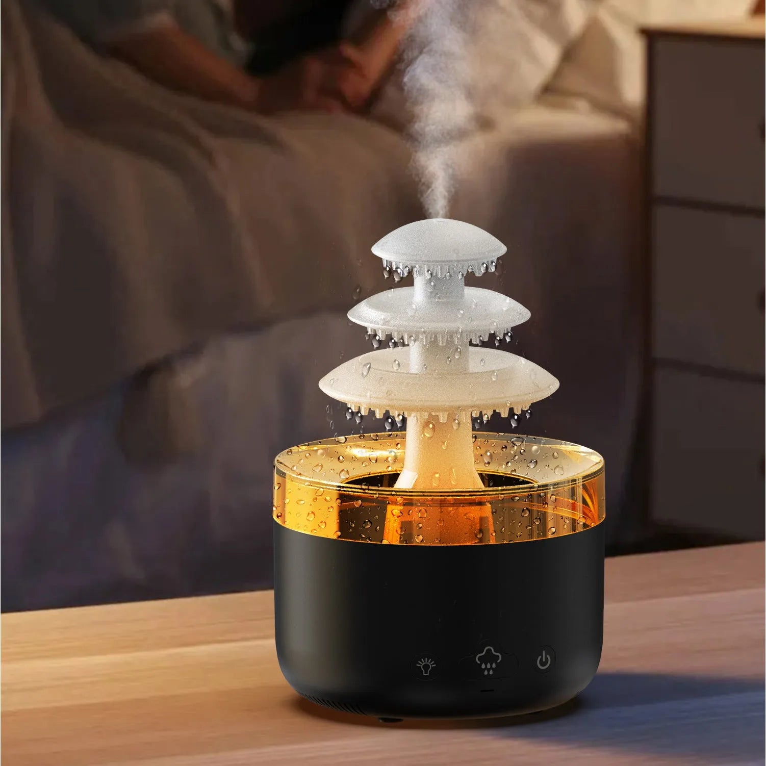 White Cloud Rain ultrasonic humidifier and essential oil diffuser with coloured LED lights on a table.