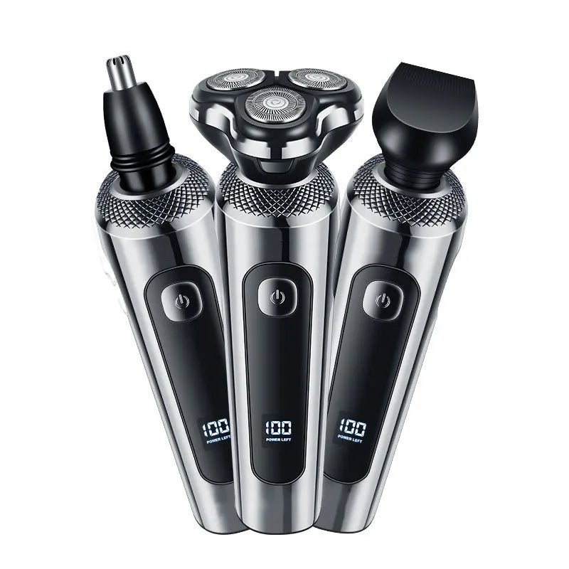 Digital USB rechargeable beard trimmer with LED display on a black base.