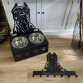 Customised dog bowl holder with dog's name, stainless steel basin and black iron frame.
