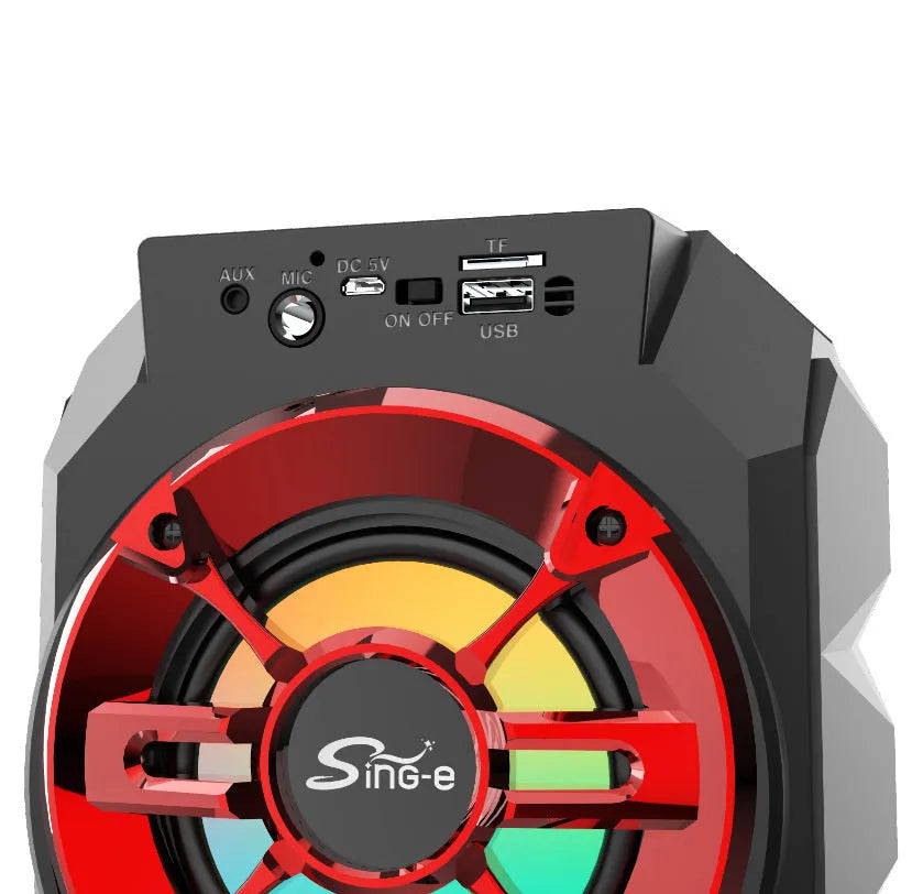 Portable Bluetooth speaker with colour light display and pull rod handle in blue plastic casing
