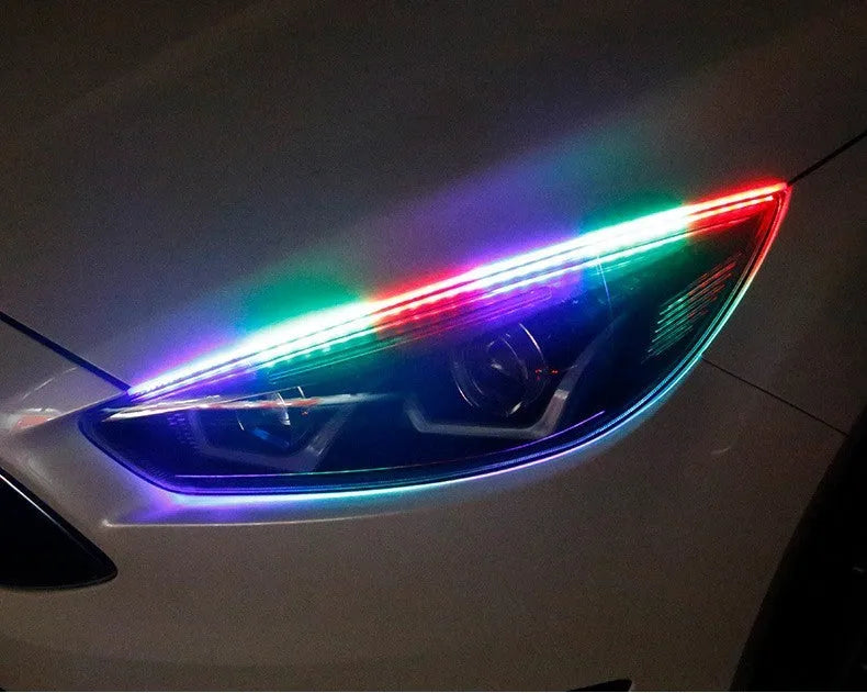 RGB colour-changing LED daytime running light strip with remote control, shown in 30cm, 45cm, and 60cm size options.