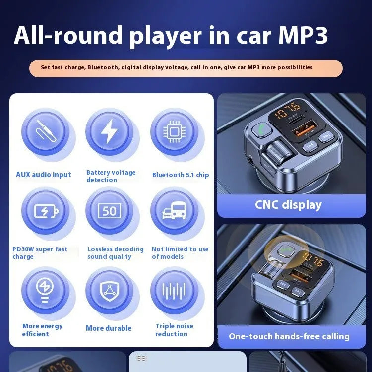 Bluetooth car MP3 player transmitter with dual USB charging ports and LED display plugged into a 12V car socket.