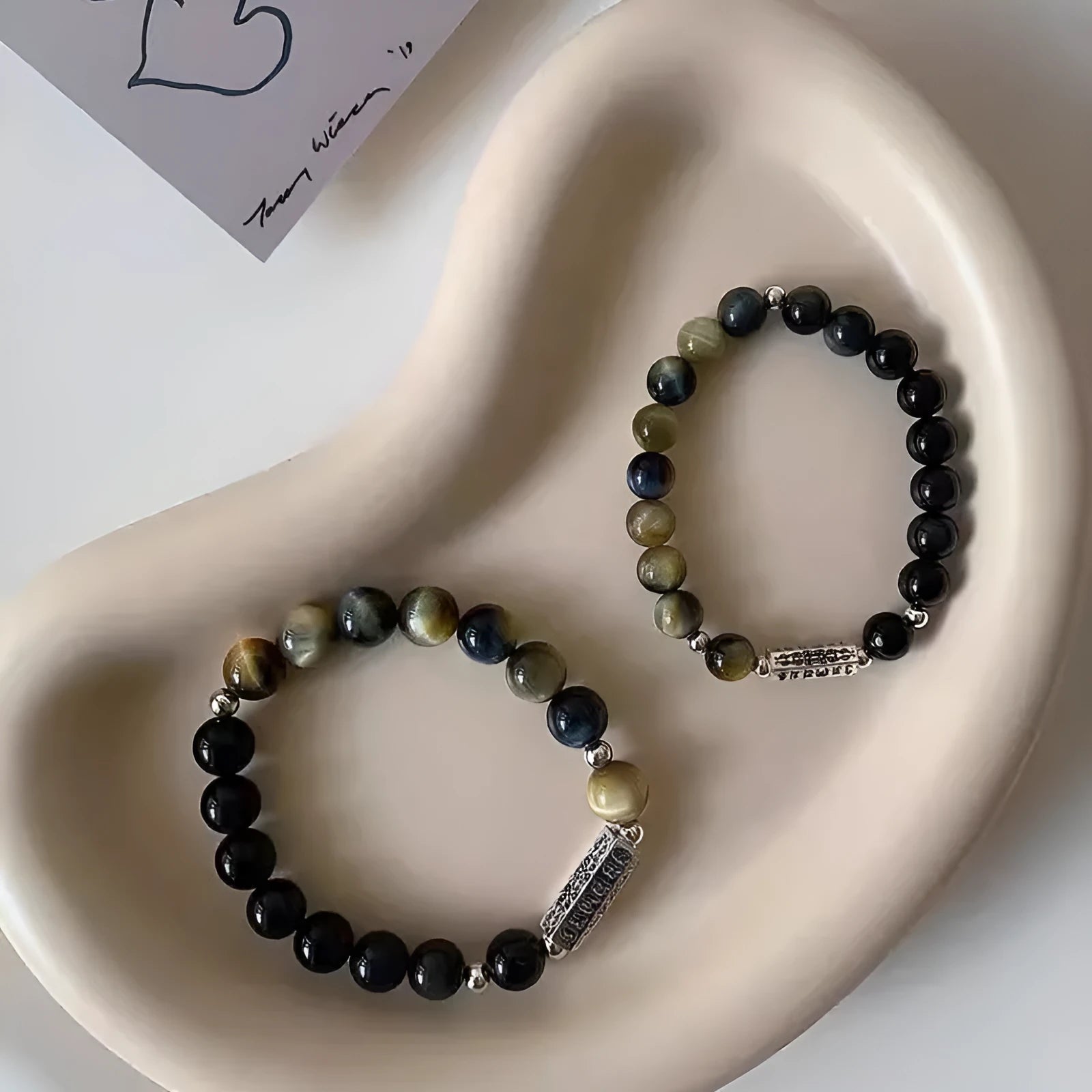 Tigereye Obsidian gemstone bracelet with six words mantra engraving on S925 sterling silver, Chinese style geometric round bead design.