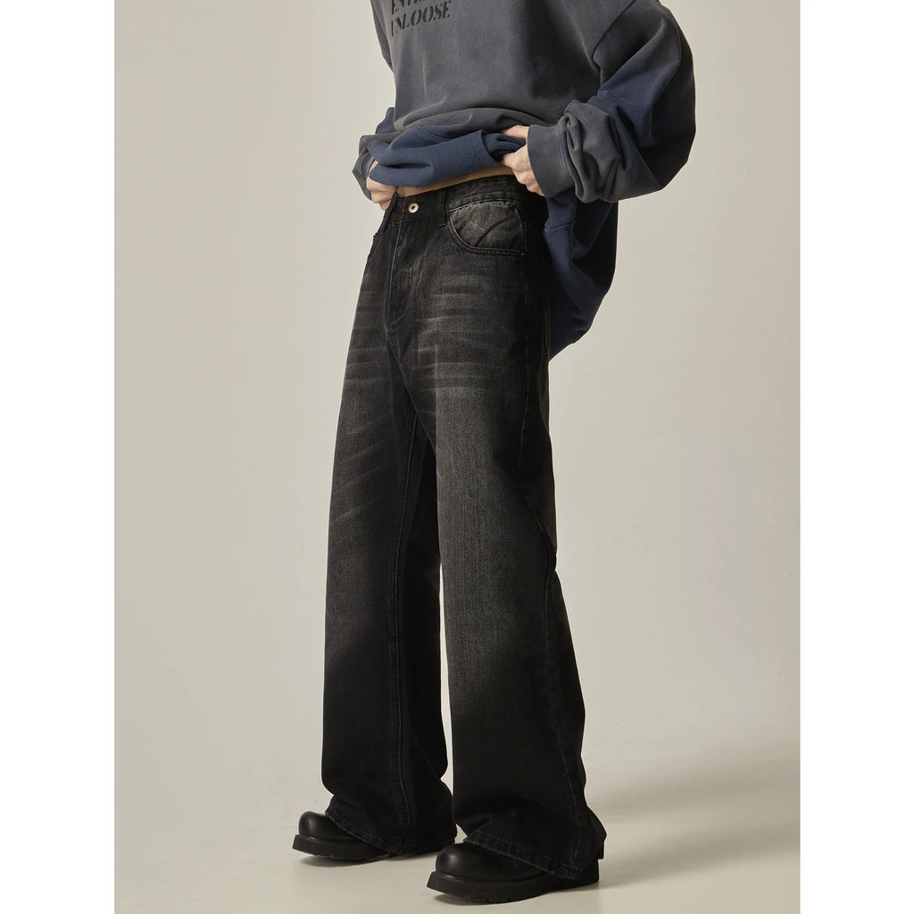 Black retro straight-leg jeans with loose fit and zipper fly in denim fabric
