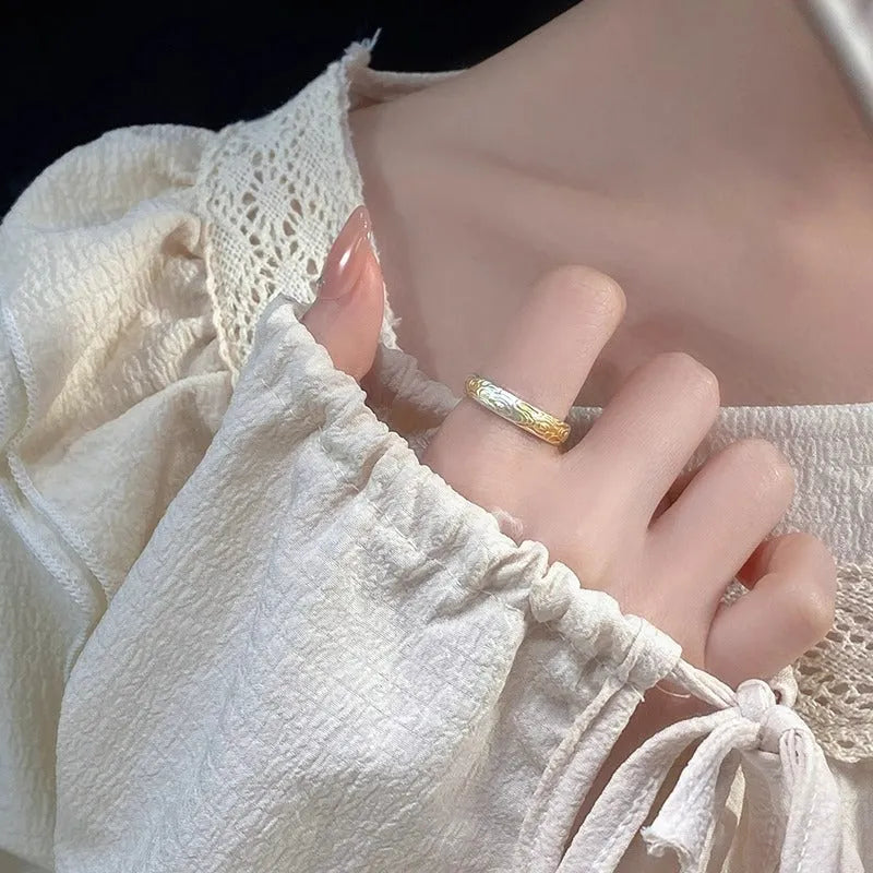 White copper geometric ring with Xiangyun pattern in silver and gold electroplated finish, open mouth adjustable design