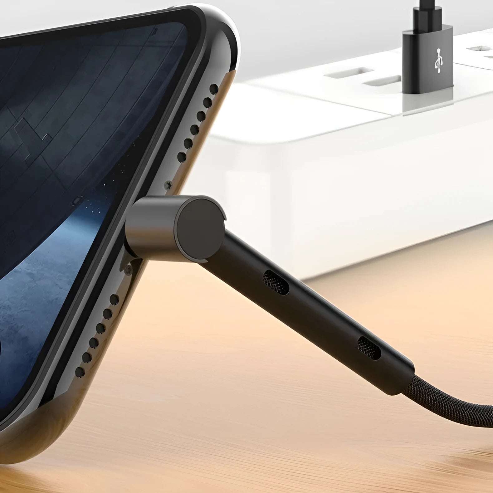 Creative mobile phone elbow charging cable with multiple interfaces in black for Apple iPhone