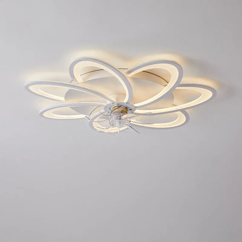 Modern white ceiling fan light with six-blade design and integrated light fitting on a room ceiling.