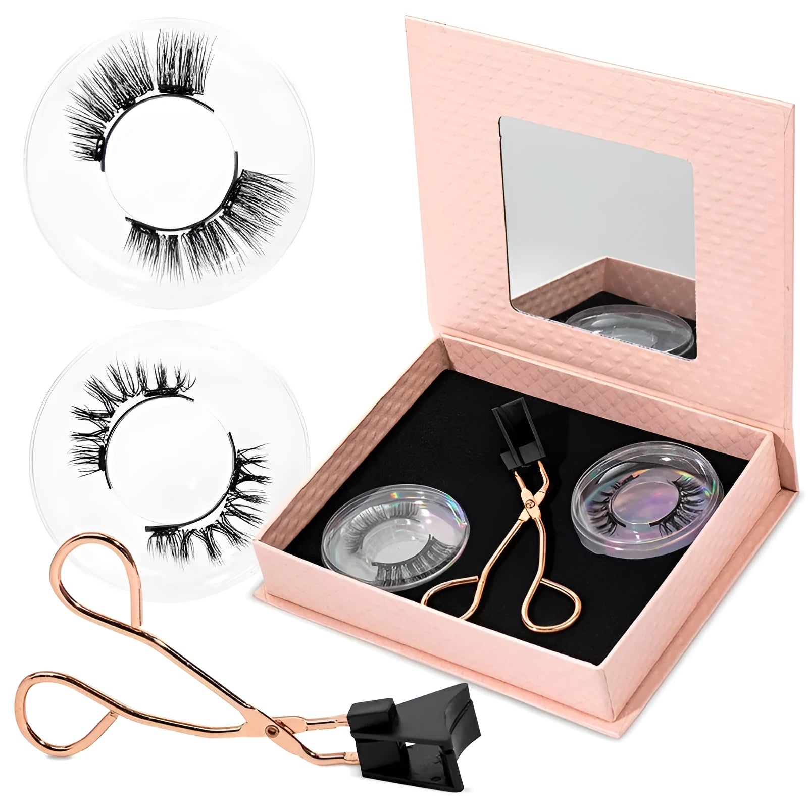 Quantum magnetic false eyelashes three pairs black with curler on white background