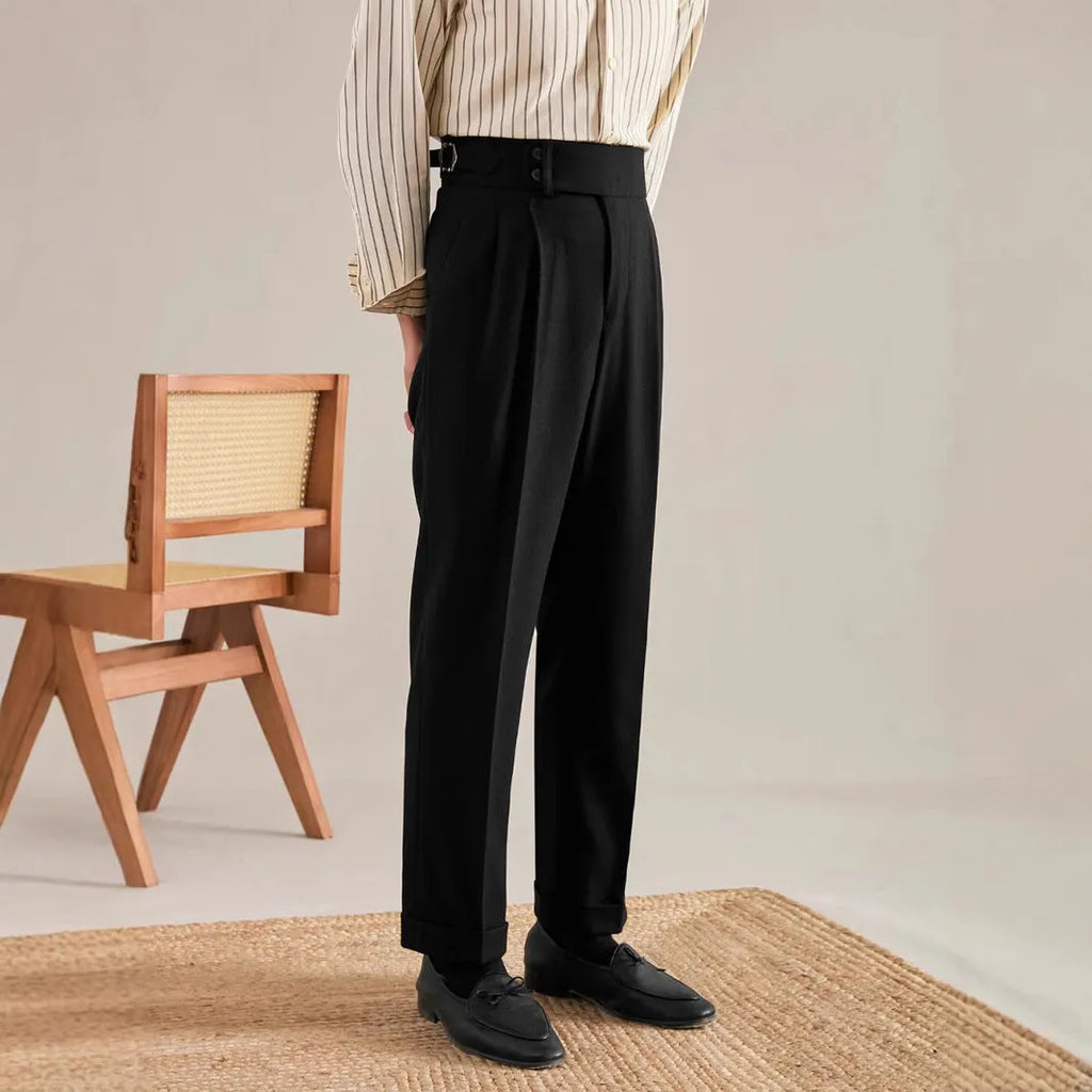 Paris buckle straight suit trousers in black polyester micro-elastic fabric with adjustable waist