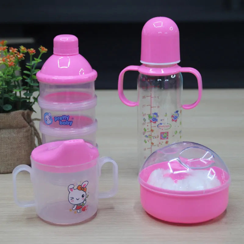 Blue and pink cartoon style plastic baby feeding set with bottle, bowl, bubble box and suction cup.