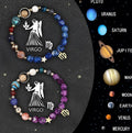 Two natural stone bead bracelets with elastic cords on a wrist, showcasing zodiac sign designs.