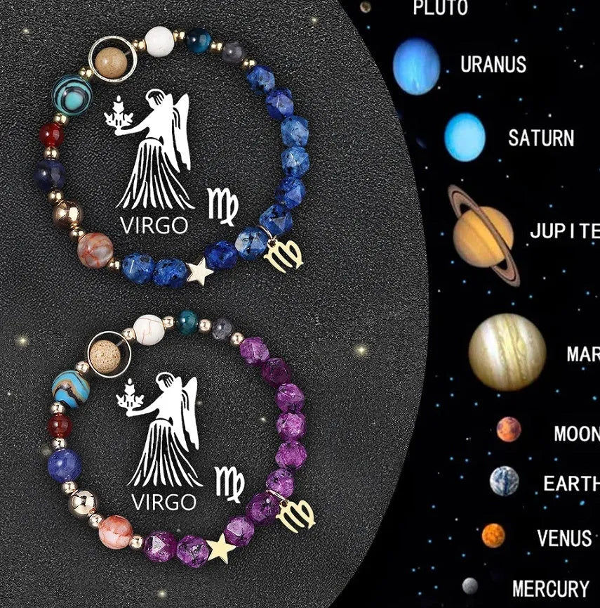 Two natural stone bead bracelets with elastic cords on a wrist, showcasing zodiac sign designs.