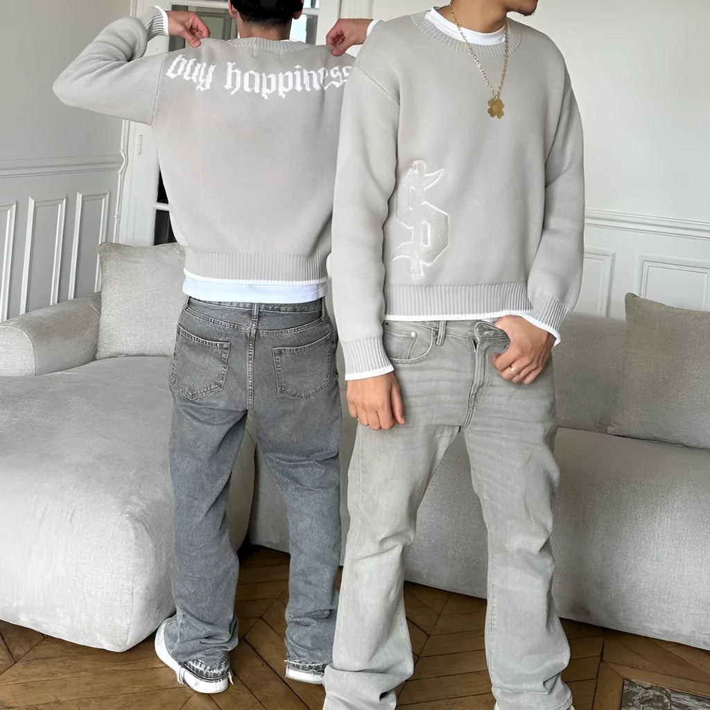 Grey loose-fit jacquard knit coat with long sleeves for autumn and winter.