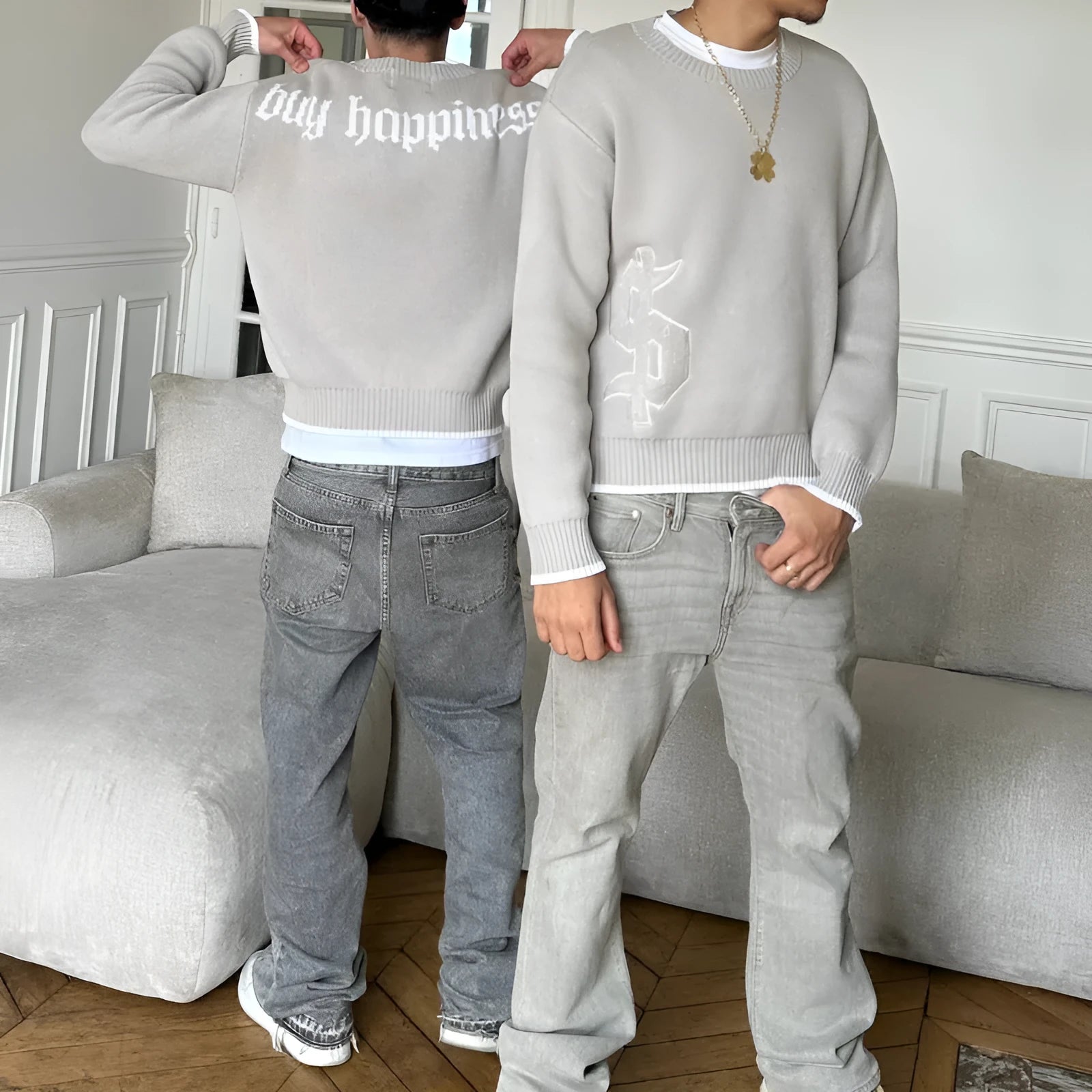 Grey loose-fit jacquard knit coat with long sleeves for autumn and winter.