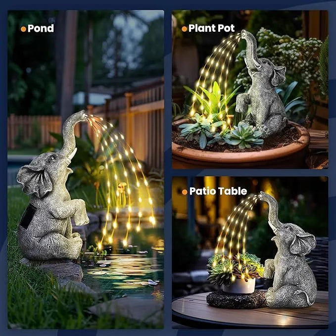 Outdoor resin elephant garden statue with integrated lighting strip.