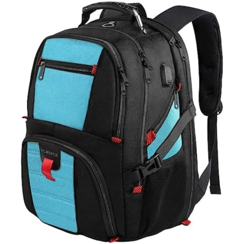 Large black USB backpack with curved shoulder straps showing front compartment and Oxford cloth material