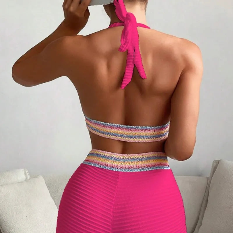 Women's high waist bikini suit in polyester fabric with top and bottom components