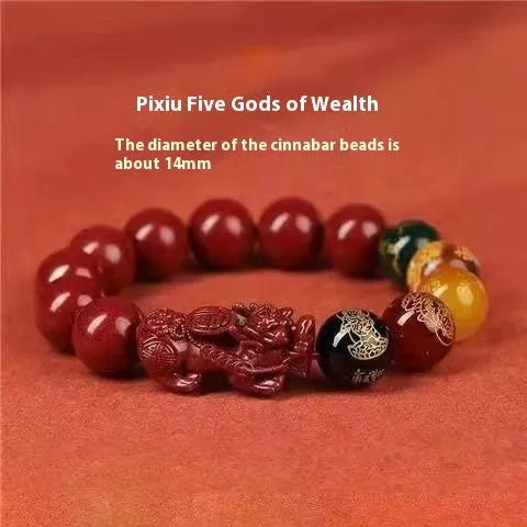 Cinnabar Five Gods Of Wealth bracelet with Pixiu animal charm in national style.