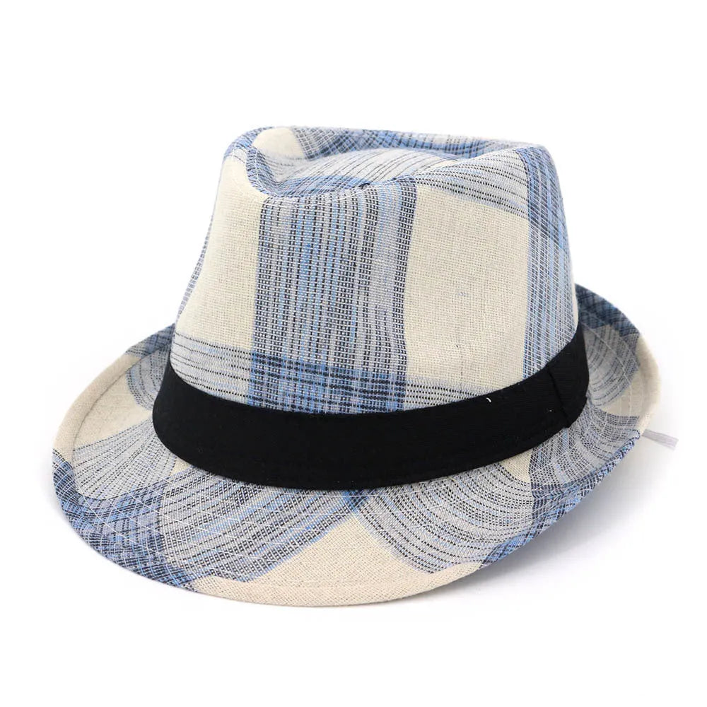 Blue casual sun hat with a bell-shaped crown and a medium-width brim on a wooden background.