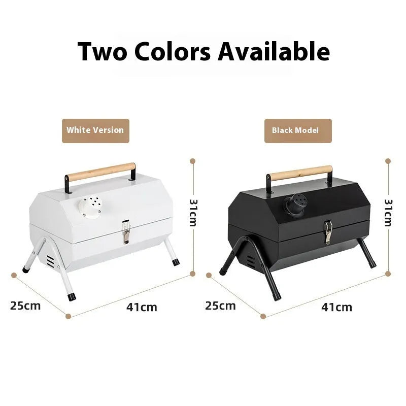 White round portable charcoal grill with detachable parts for frying and baking.