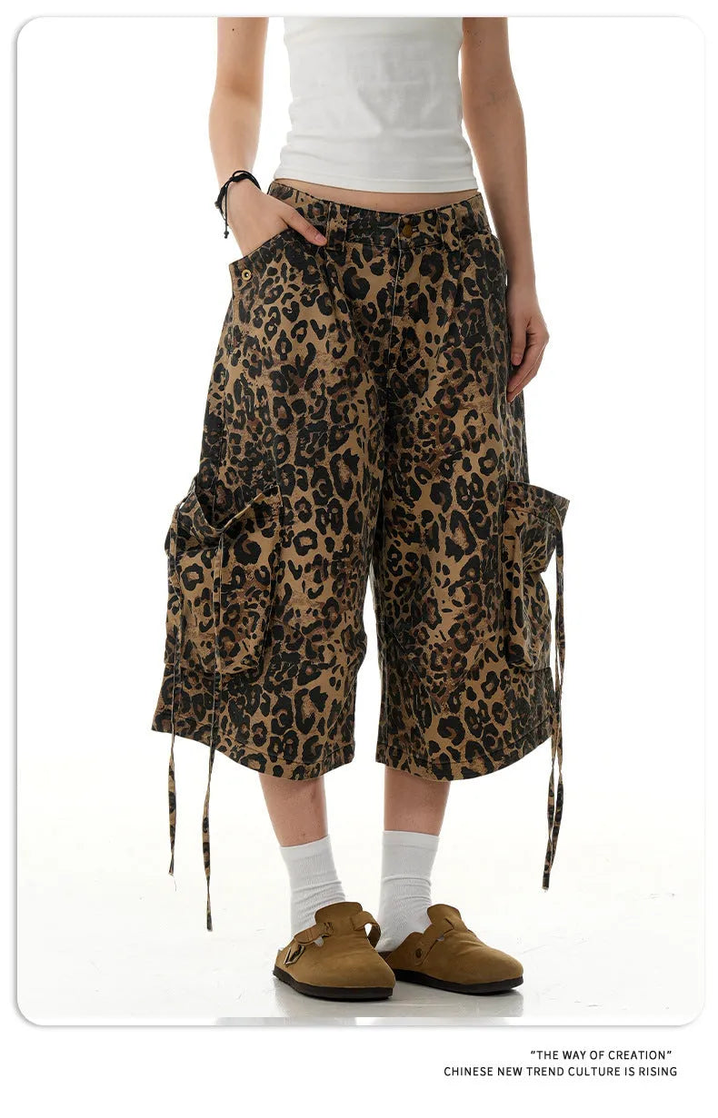 Women's high waist cotton leopard print cropped pants with button front cardigan opening